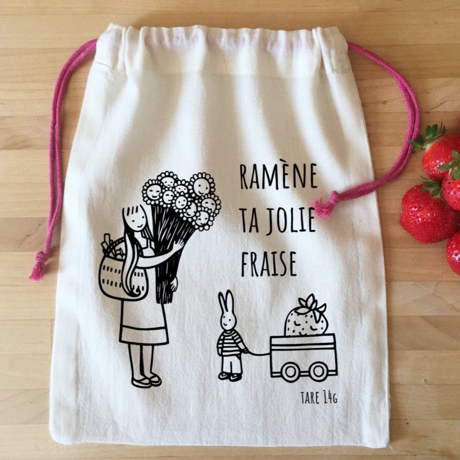 Sac à vrac PETIT S Ramène ta jolie fraise 20 x 27 cm Pour riz, quinoa, pâtes, petites tomates, abricots, champignons, oignons, herbes, petits fruits, céréales, graines, …et aussi lego et autres petits jouets, petites poupées, figurines, stylos-feutres, emballages-cadeaux zéro déchet.
