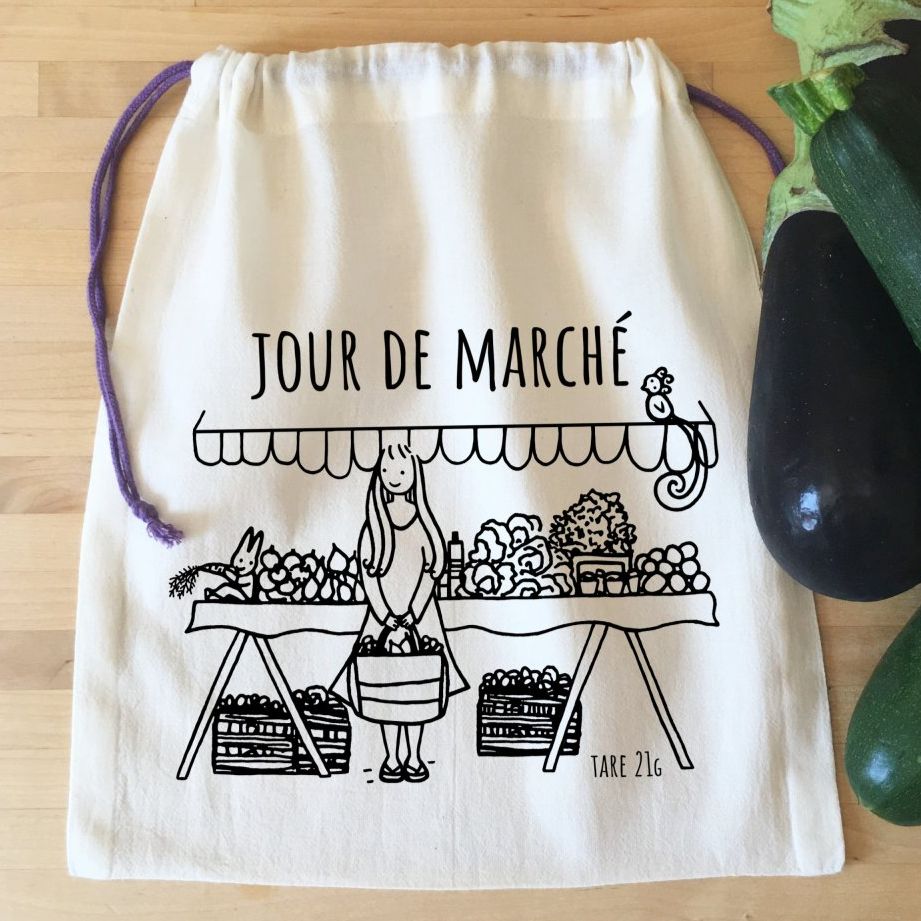 Sac à vrac MOYEN M Jour de marché 27 x 32 cm Pour aubergines, courgettes, pommes, tomates, pommes de terre, oranges, citrons, pêches, brocolis, choux-fleurs, poivrons, pain, …et aussi jouets, chaussures, livres, emballages-cadeaux zéro déchet.