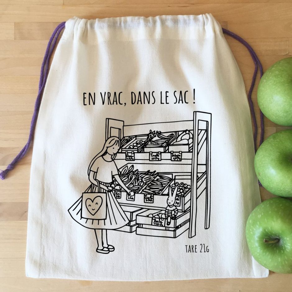 Sac à vrac MOYEN M En vrac dans le sac 27 x 32 cm Pour aubergines, courgettes, pommes, tomates, pommes de terre, oranges, citrons, pêches, brocolis, choux-fleurs, poivrons, pain, …et aussi jouets, chaussures, livres, emballages-cadeaux zéro déchet.